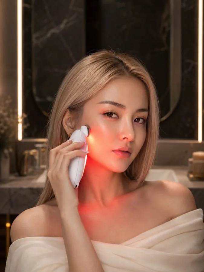 Woman using PureLift GLOW with the red light on her cheek